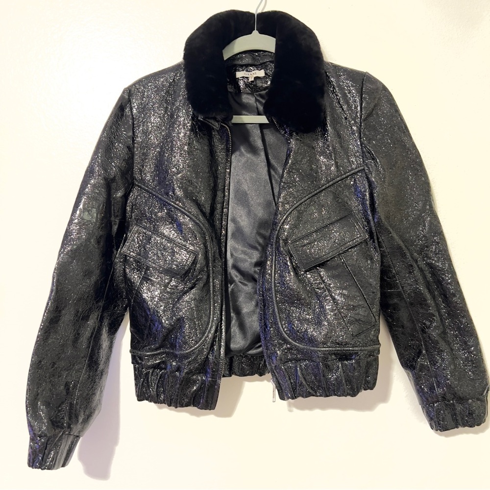 Ganni Black Glossy Jacket with Plush Collar